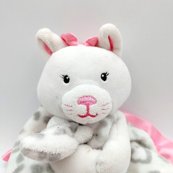 Okie Dokie Plush Snow Leopard Kitty Cat Pink Satin Security Blanket Lovey Rattle - Picture 2 of 5
